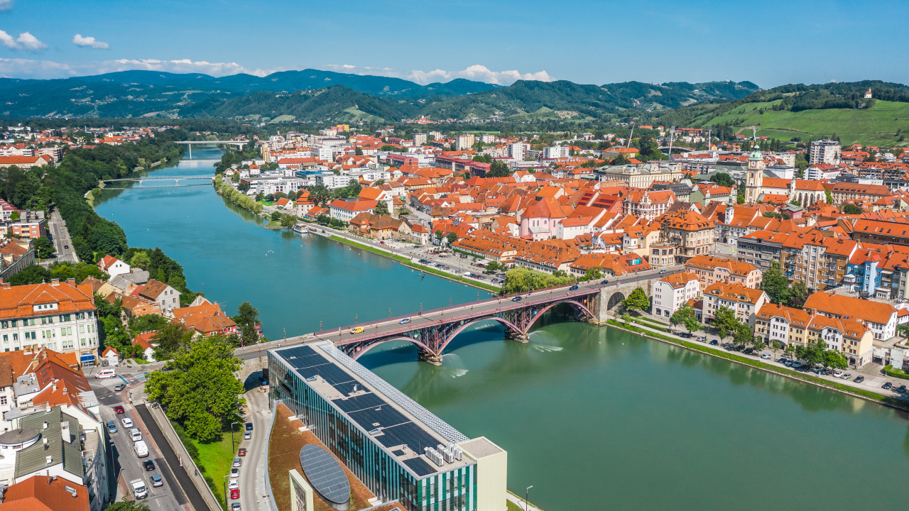 Aerial view of Maribor and Drava river, Slovenia
