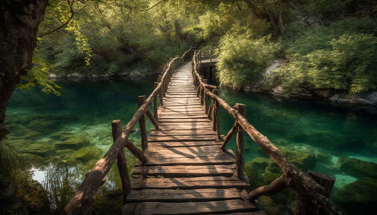 Tranquil footbridge over flowing autumn pond generated by artificial intelligence