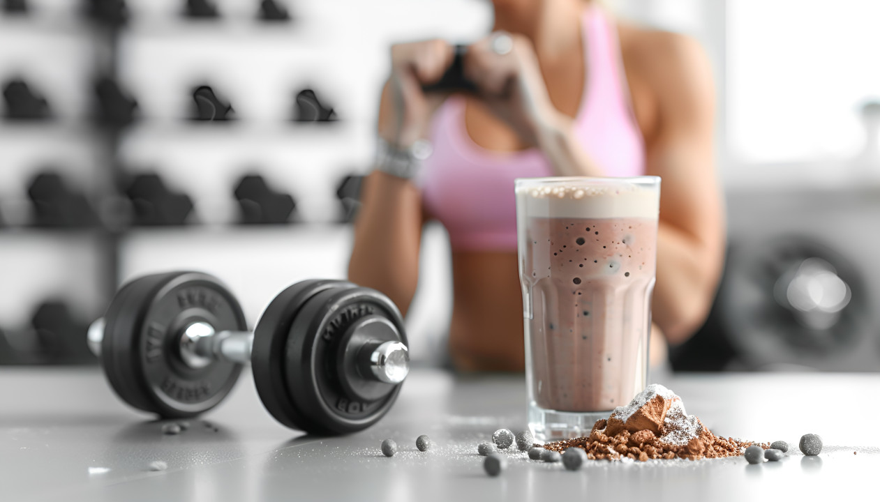 Composition with metal dumbbell, protein shake and blurred woman on background