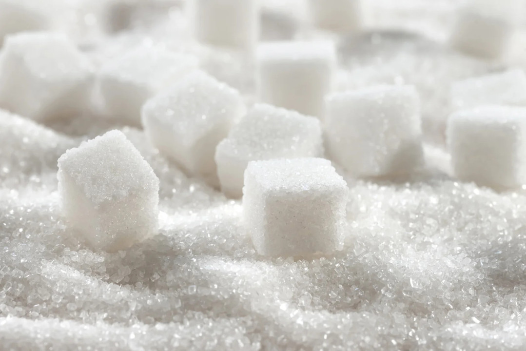 White granulated sugar and refined sugar cubes close-up
